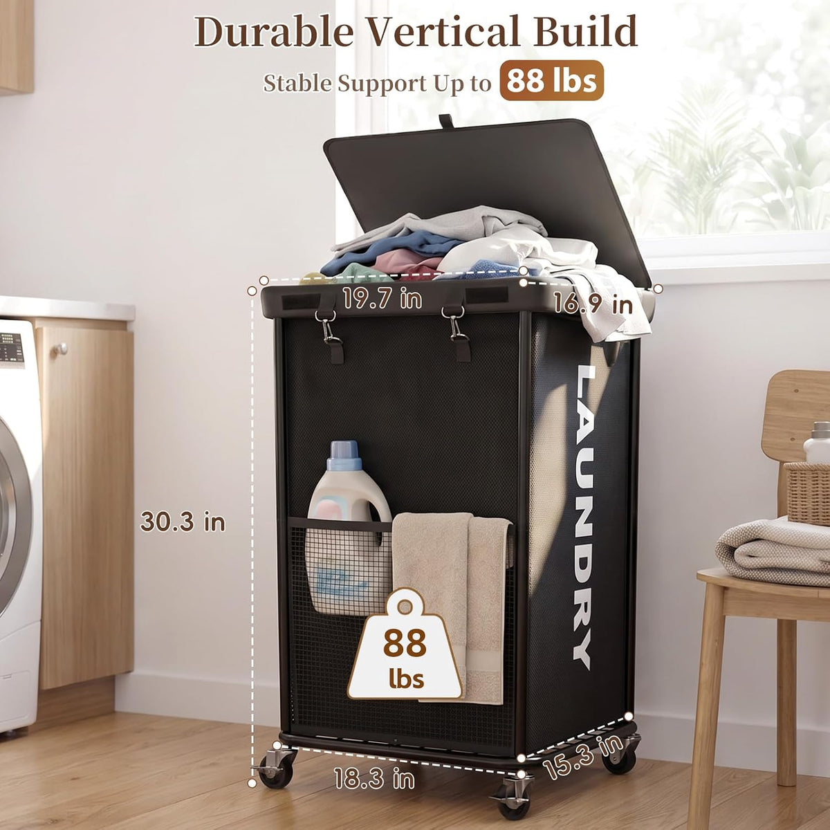Laundry Hamper with Wheels and Lid, 150L Large Rolling Laundry Basket Black