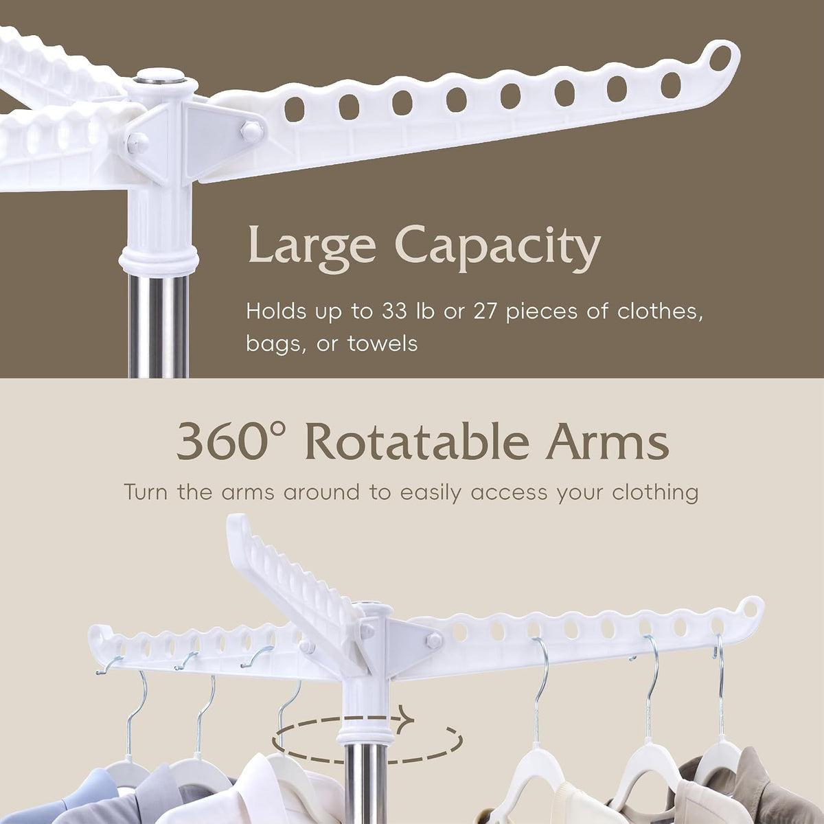 Beaudaily Clothes Drying Rack, Foldable Laundry Drying Rack, Indoor 59-Inch Drying Rack Clothing with 3 Rotatable Arms, Stainless Steel, Holds 27 Pieces, Space Saving, Portable, White and Silver