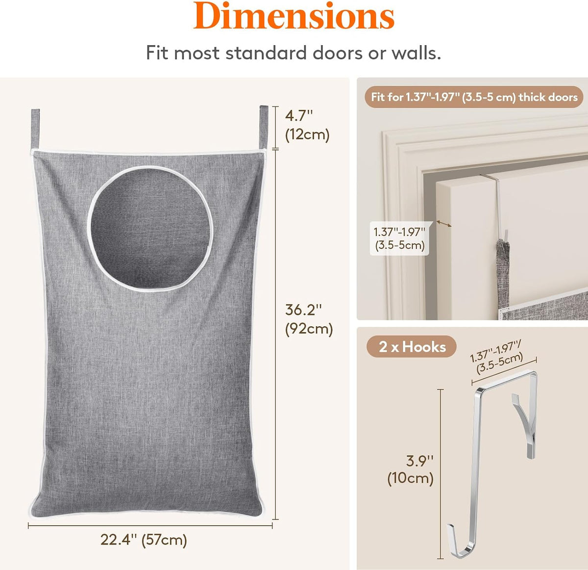 Lifewit 1 Pack Over Door Laundry Hamper, Collapsible Hanging, Light Gray