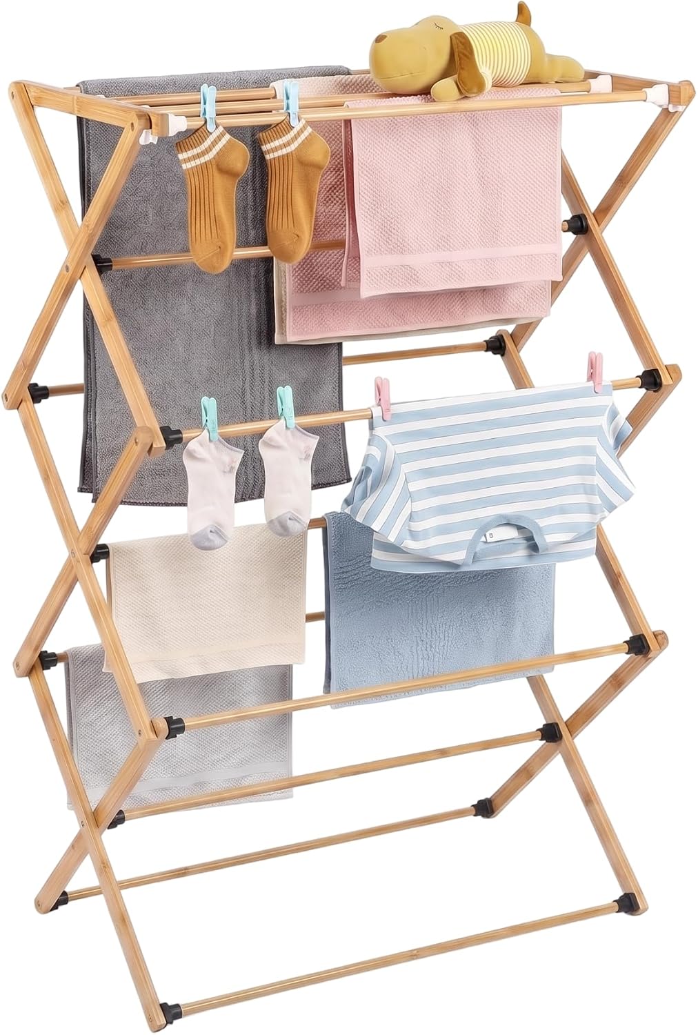 FJO Foldable Bamboo Clothes Drying Rack, 3-Tier Collapsible Laundry Clothes Hanger, Portable Wooden Drying Rack, Space Saving Indoor Outdoor, 28'' D x 15'' W x 39.3'' H, Beige