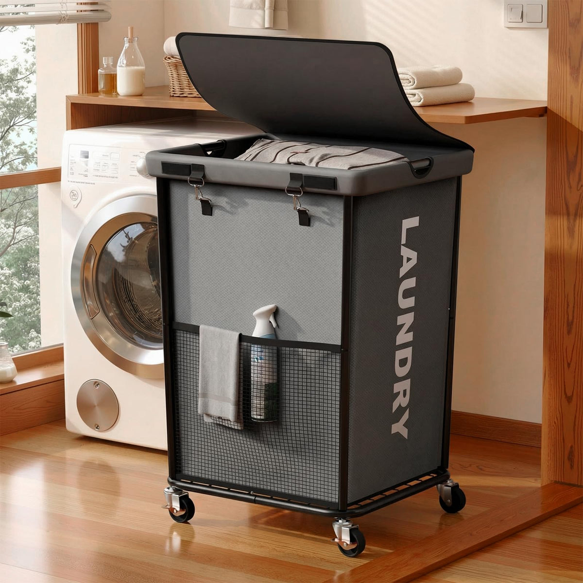 Laundry Hamper with Wheels and Lid, 150L Large Rolling Laundry Basket Black