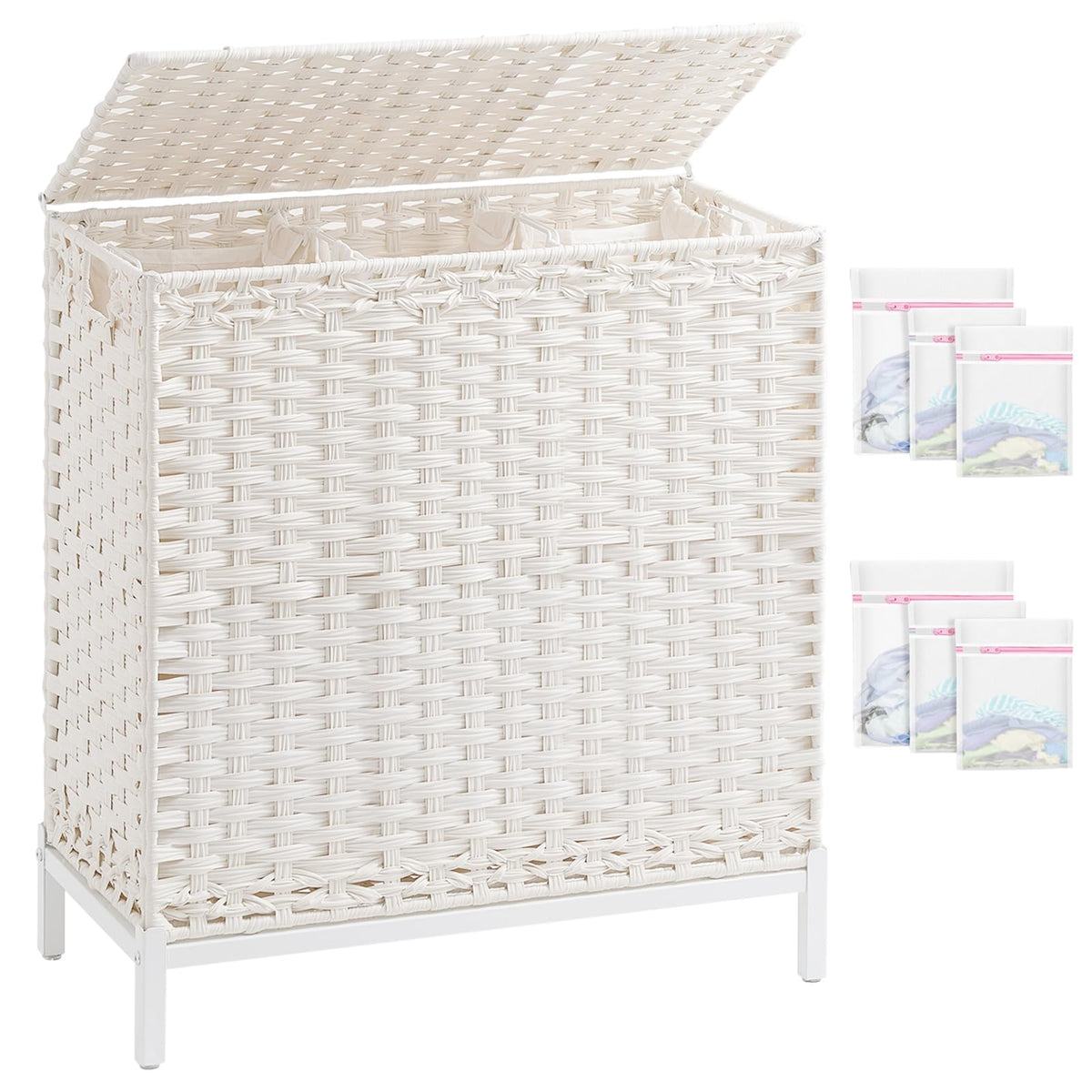 SETVSON Laundry Hamper with Lid, 112 L Handwoven Rattan Wicker Laundry Basket, 2 Removable Liner Bags Metal Heightened Feet, 6 Mesh Bags, 2 Section Large Clothes Hamper for Bathroom Bedroom, Natural