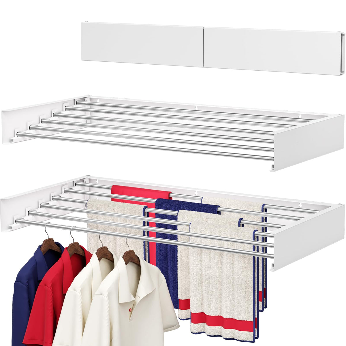 Wall Mounted Drying Rack 31.5", Foldable Laundry Drying Rack with Stainless Steel Rods, Retractable Laundry Space Saver for Indoor & Outdoor Use, Include Wall Template