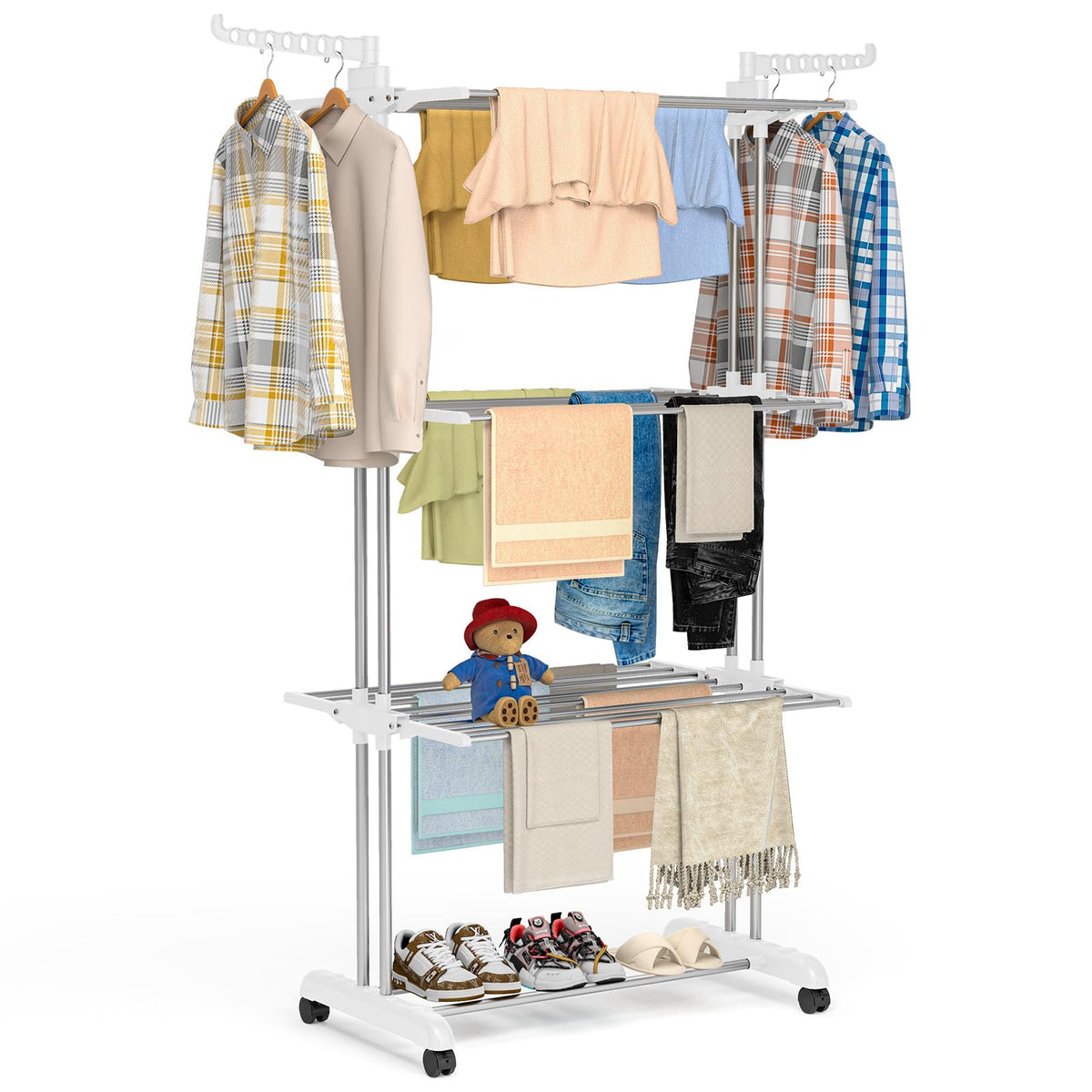 Bigzzia Clothes Drying Rack Folding with Wheels Laundry Rack 4 Tier