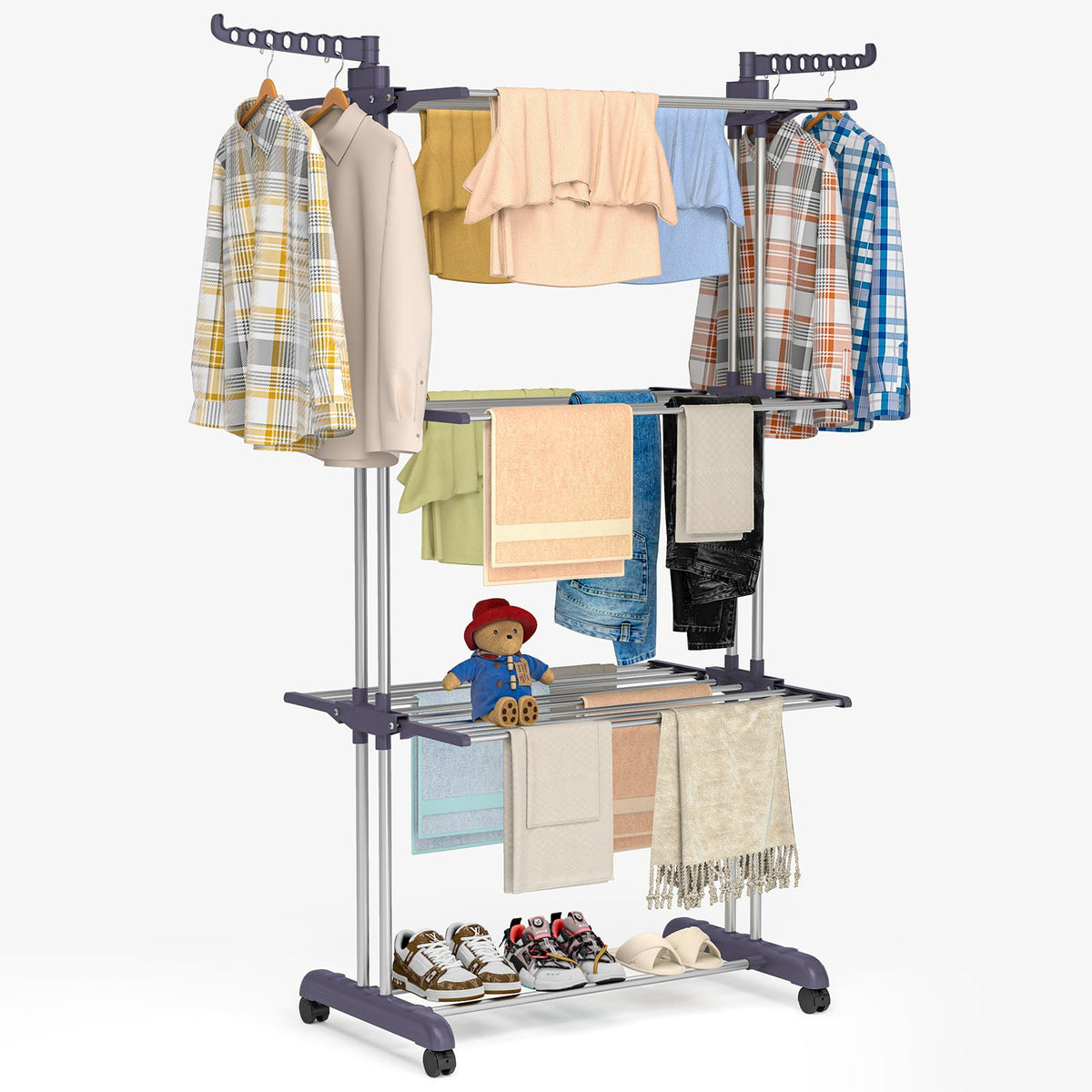 Bigzzia Clothes Drying Rack Folding with Wheels Laundry Rack 4 Tier