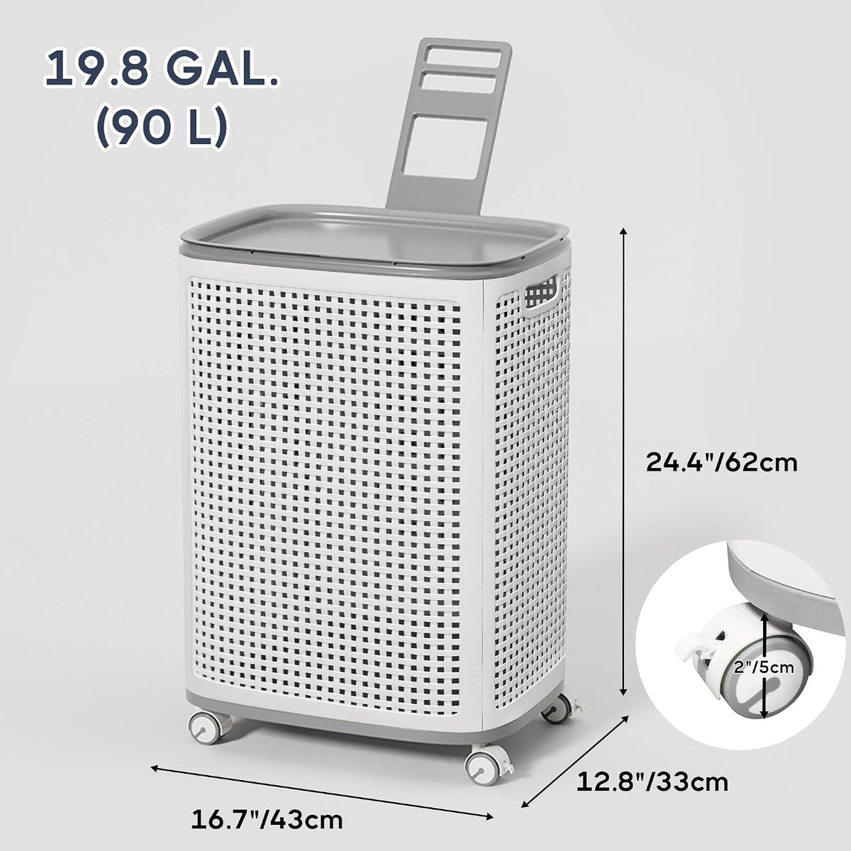 Sufdari 90L Laundry Basket with Wheels, Rolling Laundry Hamper with Lid and Handles, Plastic Rattan Clothes Organizer, Dirty Clothes Basket for Laundry Room, Bedroom, Dormitory Storage