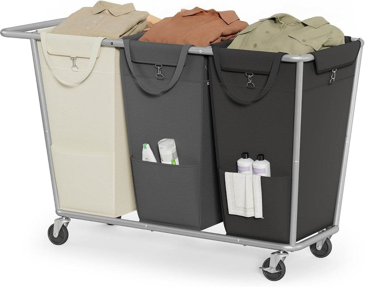 SONGMICS 3-Section Laundry Basket with Wheels, 76.6 Gallons (290 L) Hamper
