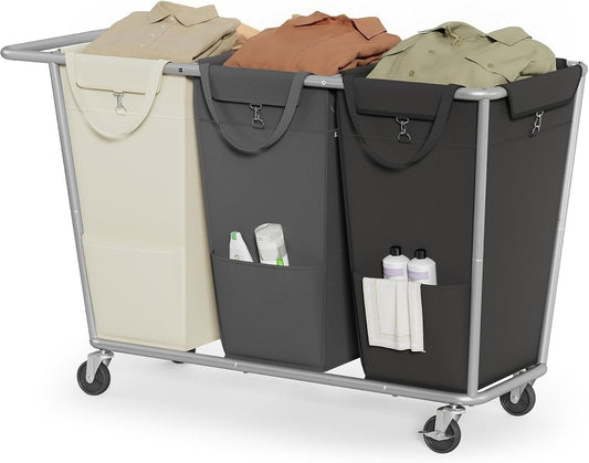 SONGMICS 3-Section Laundry Basket with Wheels, 76.6 Gallons (290 L) Hamper