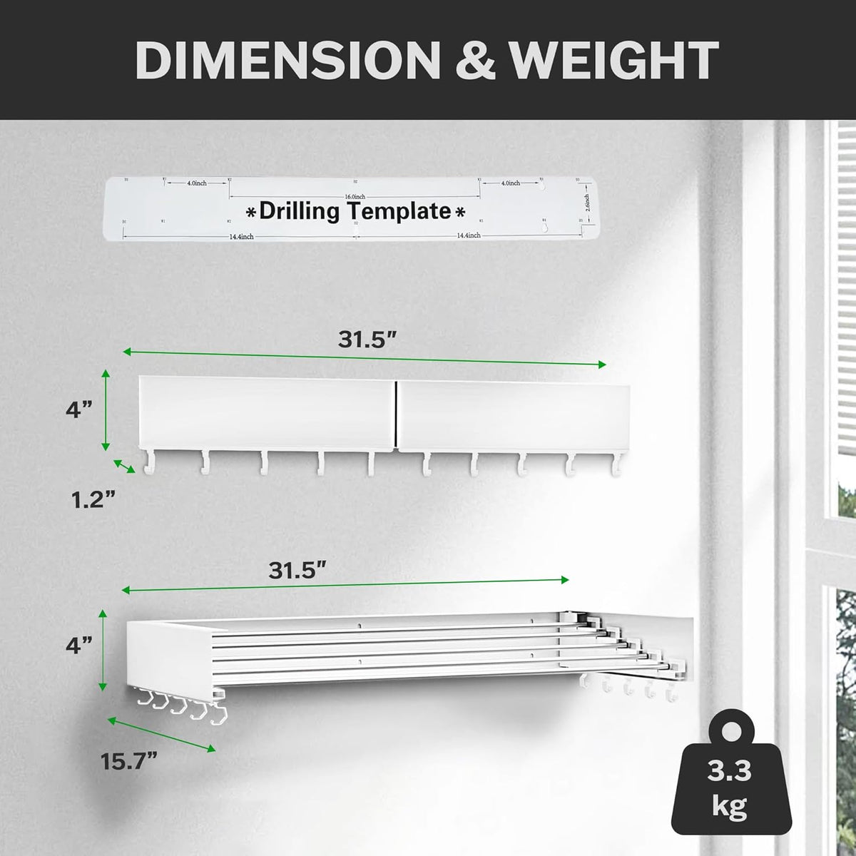 Foldable Wall Mounted Drying Rack - 31.5” Wide, 13.2 Ft Drying Space, 5 Aluminum Rods, Supports Up to 60 lbs - Retractable & Foldable Space-Saving Wall Mounted Clothes Drying Rack (White)