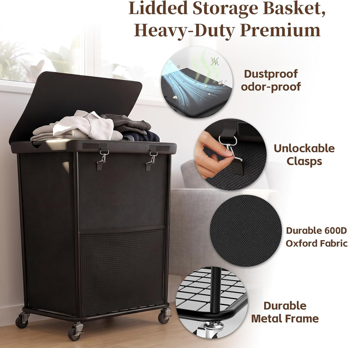 Laundry Hamper with Wheels and Lid, 150L Large Rolling Laundry Basket Black