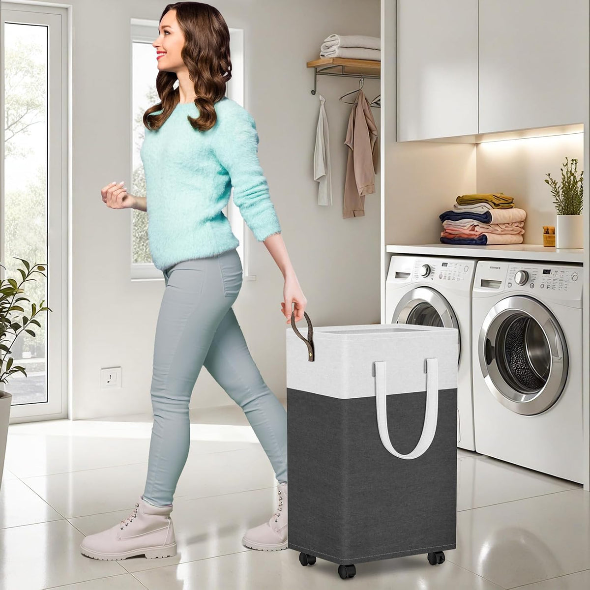 HomeHacks 75L Rolling Laundry Basket with 4 Wheels Collapsible Gray
