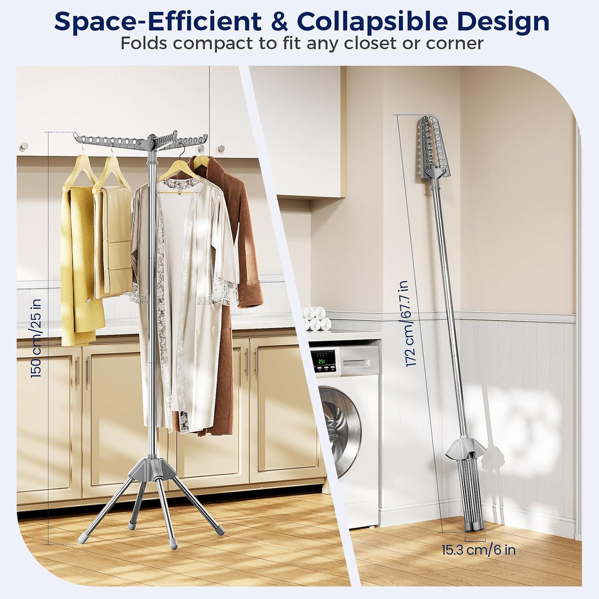 KINGBOARD Clothes Drying Rack, 59" H Laundry Drying Rack, 3 Rotatable Arms