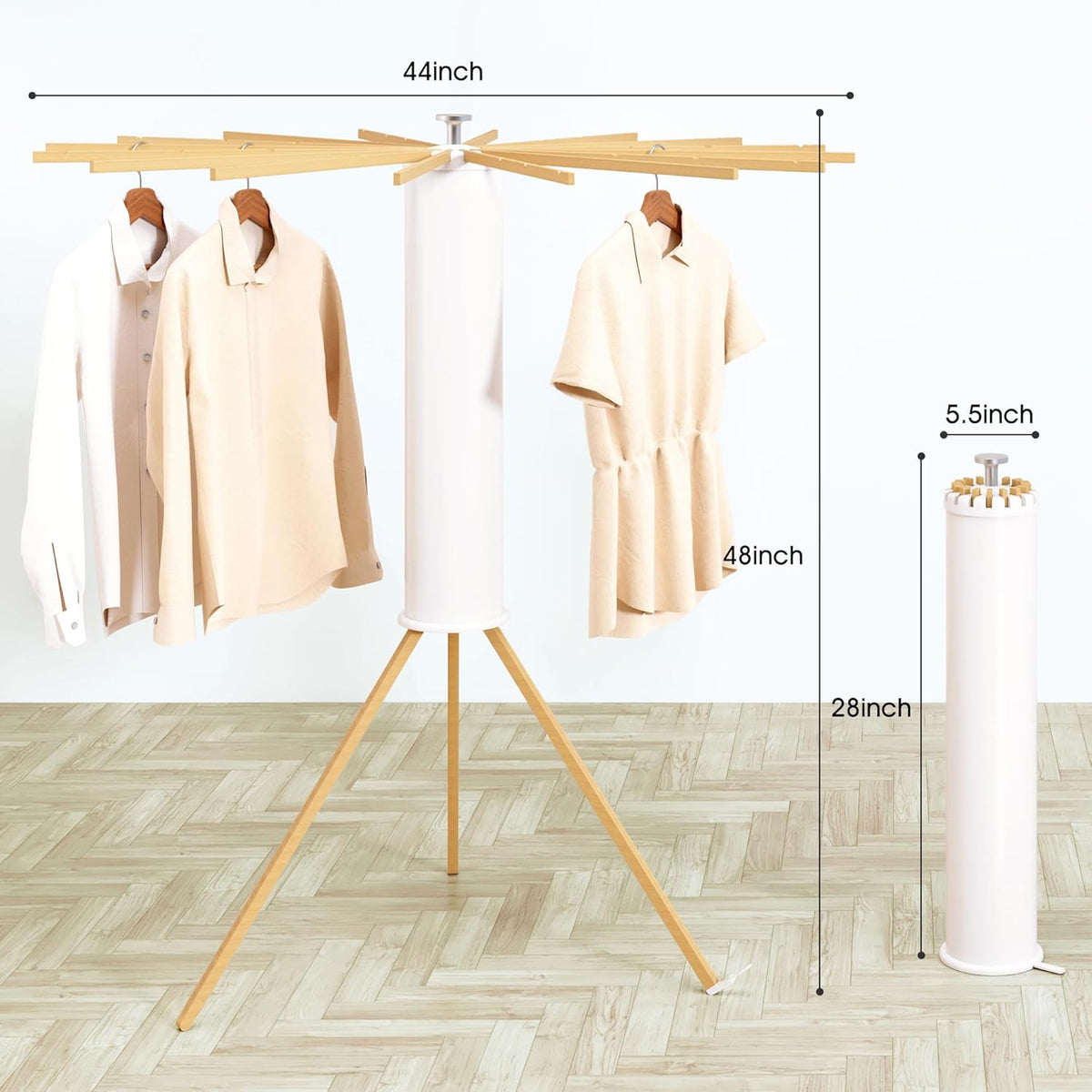 Heavy-Duty Wooden Tripod Clothes Drying Rack, 16 Rods, Large Capacity, 360° Airflow Umbrella Dryer, Foldable Space-Saving Floor Stand for Indoor Outdoor Use