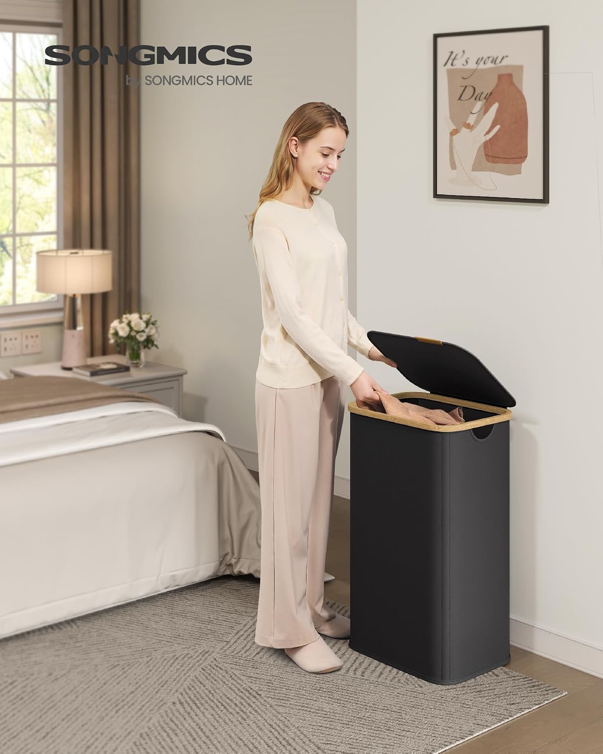 SONGMICS Laundry Hamper with Lid, 100L Laundry Basket, Bamboo Frame