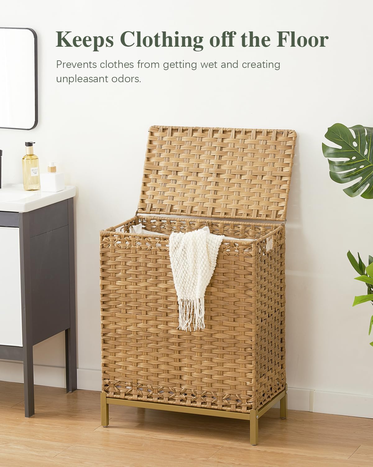 SETVSON Laundry Hamper with Lid, 112 L Handwoven Rattan Wicker Laundry Basket, 2 Removable Liner Bags Metal Heightened Feet, 6 Mesh Bags, 2 Section Large Clothes Hamper for Bathroom Bedroom, Natural