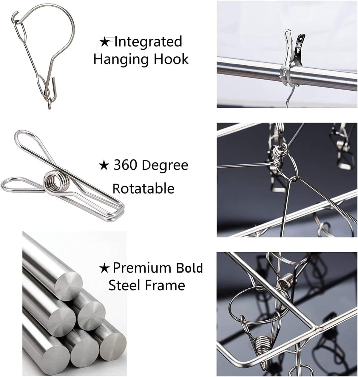 2 Pack Stainless Steel Sock Drying Rack with 72 Clips, Swivel Wind-Proof Hook Clothes Hanger Dryer for Sock, Underwear, Bra, Laundry Accessories