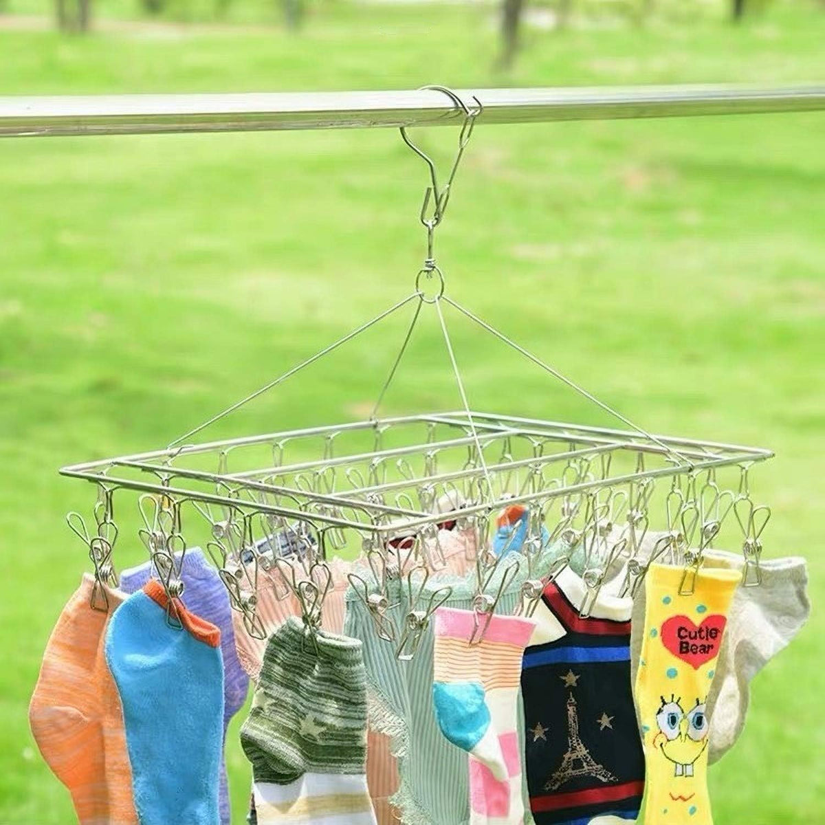 2 Pack Stainless Steel Sock Drying Rack with 72 Clips, Swivel Wind-Proof Hook Clothes Hanger Dryer for Sock, Underwear, Bra, Laundry Accessories
