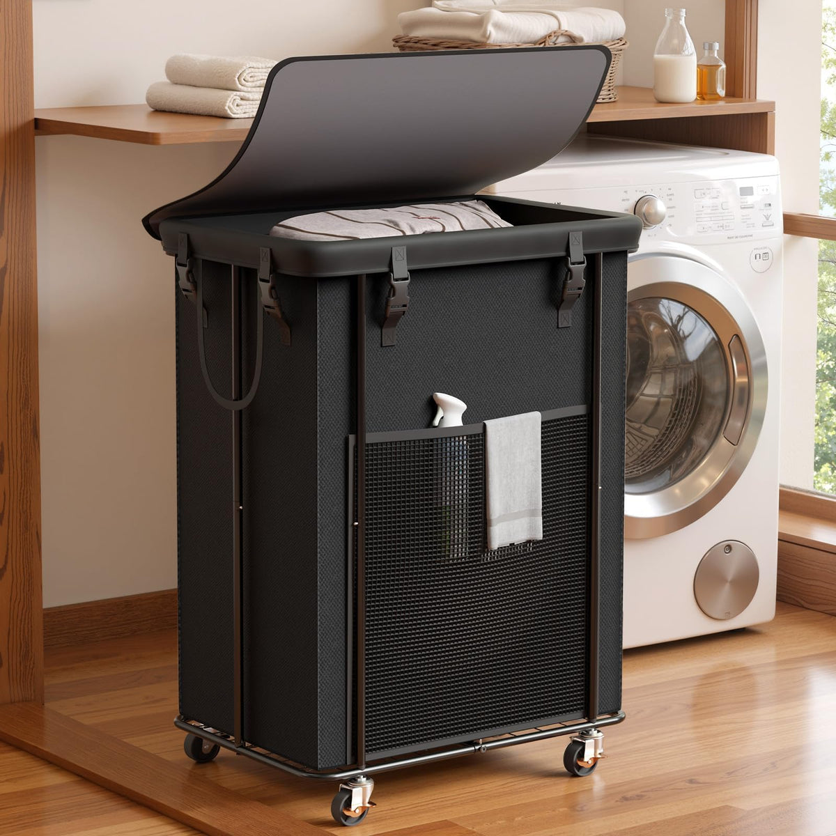 Laundry Hamper with Wheels and Lid, 150L Large Rolling Laundry Basket Black
