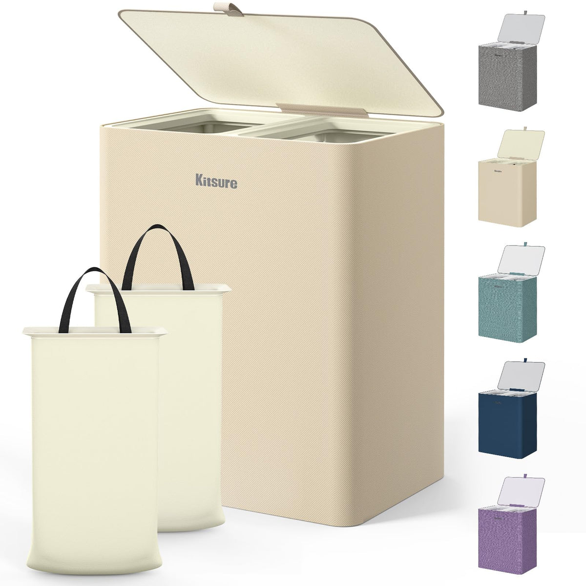 Kitsure Laundry Hamper with Lid 160L, 2-Compartment Sorter, Removable Bags