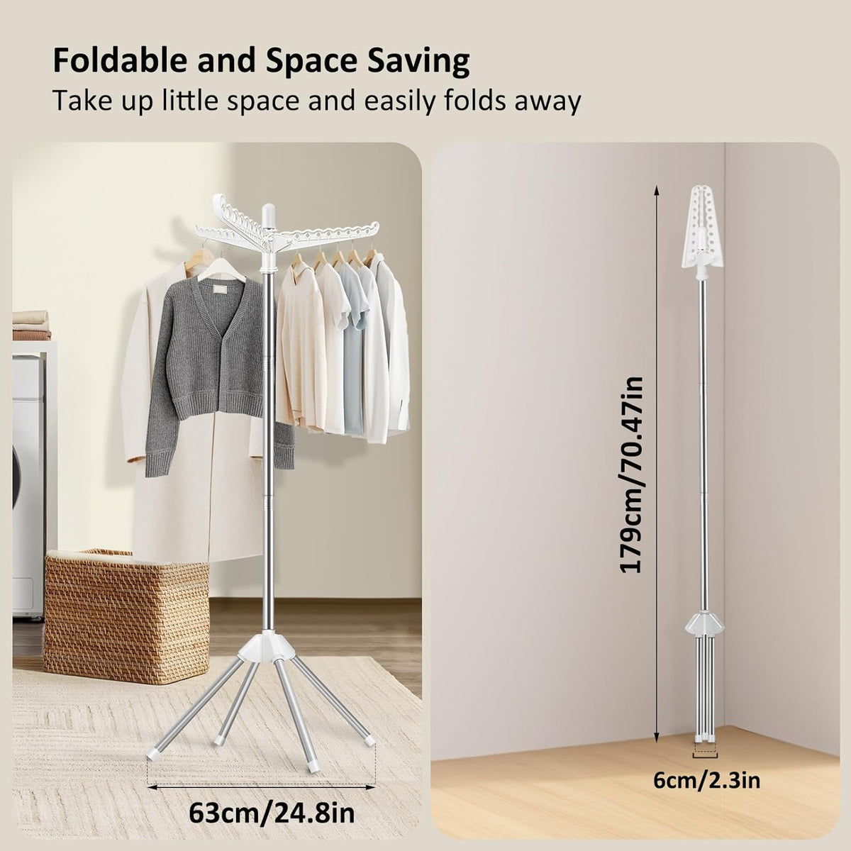 SUYU Clothes Drying Rack, Foldable Drying Rack Clothing, Laundry Drying Rack, 59-Inch Indoor Clothes Airer with 3 Rotatable Arms, Stainless Steel,4 Legs,White and Silver SNJ101