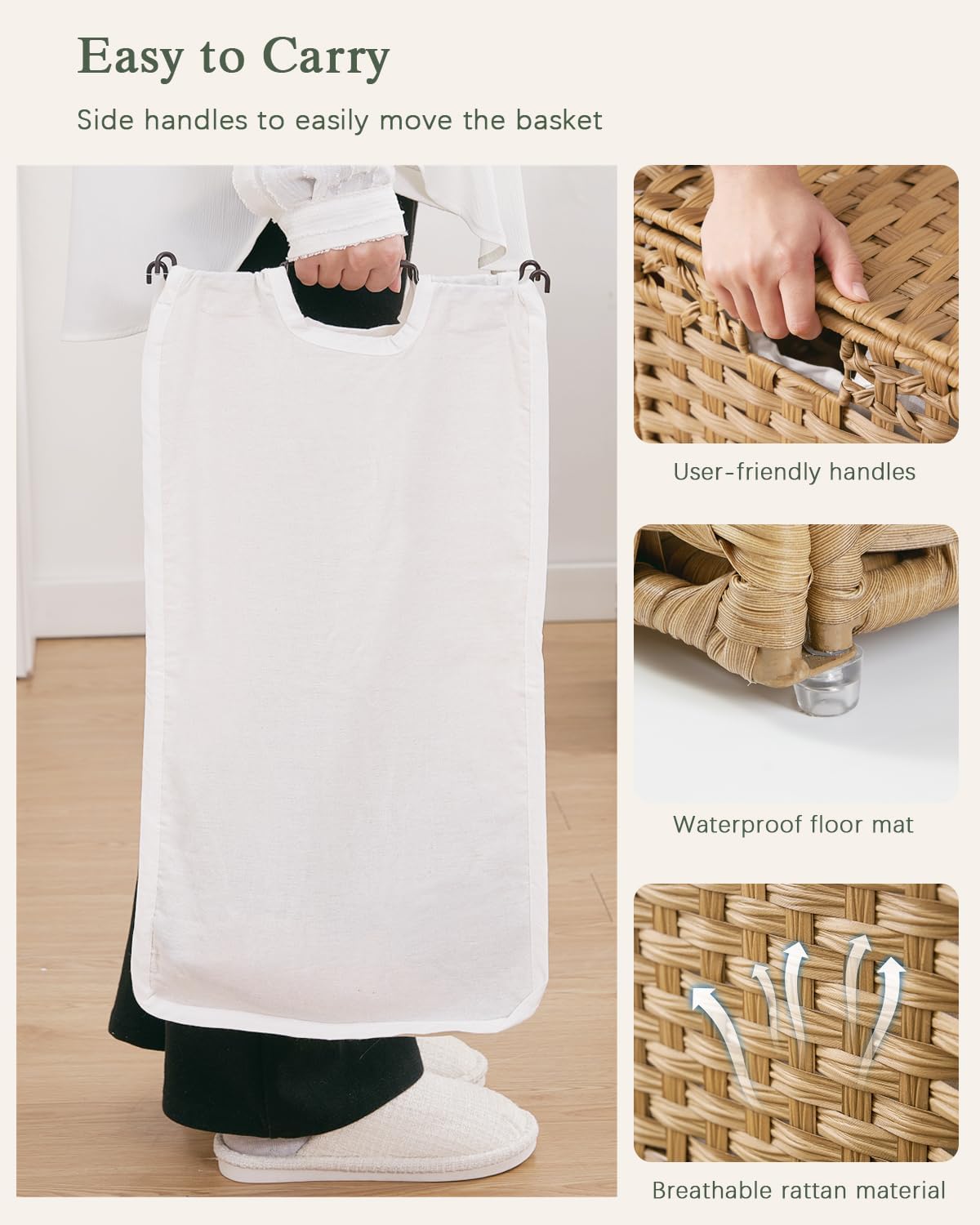 SETVSON Laundry Hamper with Lid Laundry Basket 132 L PE Rattan Natural