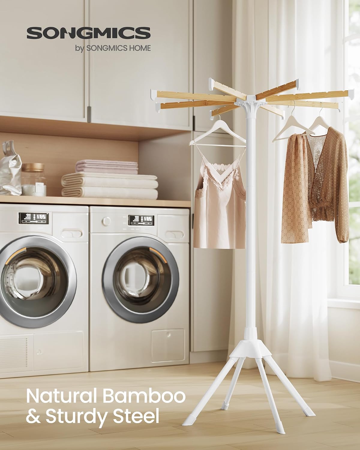 SONGMICS Clothes Drying Rack, Foldable Metal Airer, Bamboo Hanging Rods