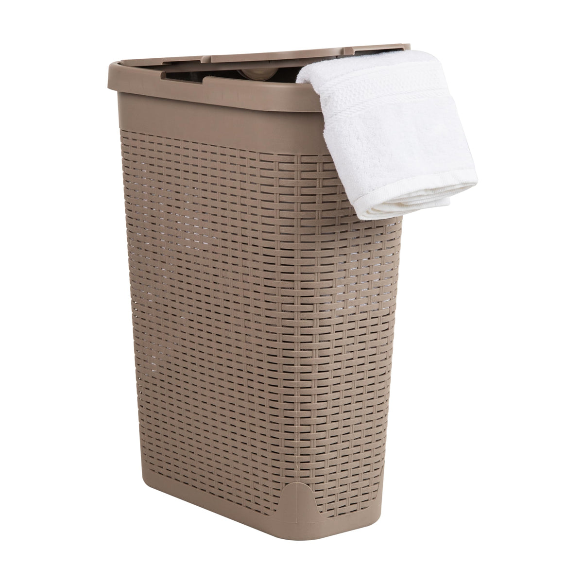 Mind Reader Slim Laundry Hamper with Lid, 40L Clothes Basket, Narrow Tapered Design with Ventilated Cutout Pattern, Plastic, White