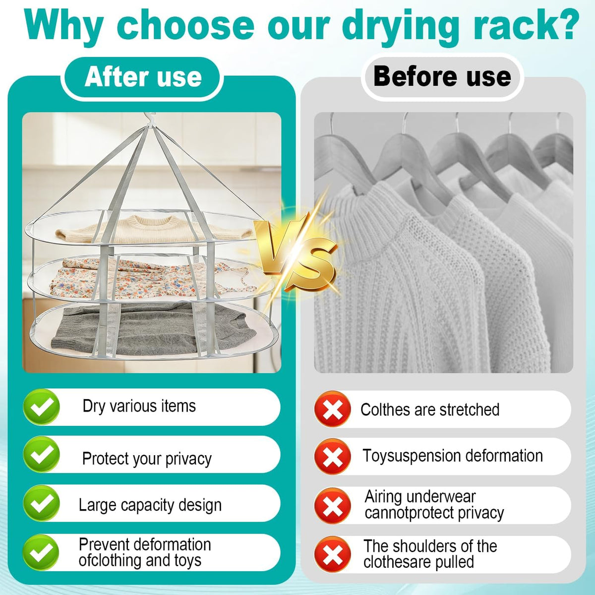 3-Tier Folding Mesh Clothes Drying Rack, Hanging Sweater Dryer for Laundry, Large Foldable Flat Dry Hanger, Portable Mesh Clothes Drying Net for Delicate Garments