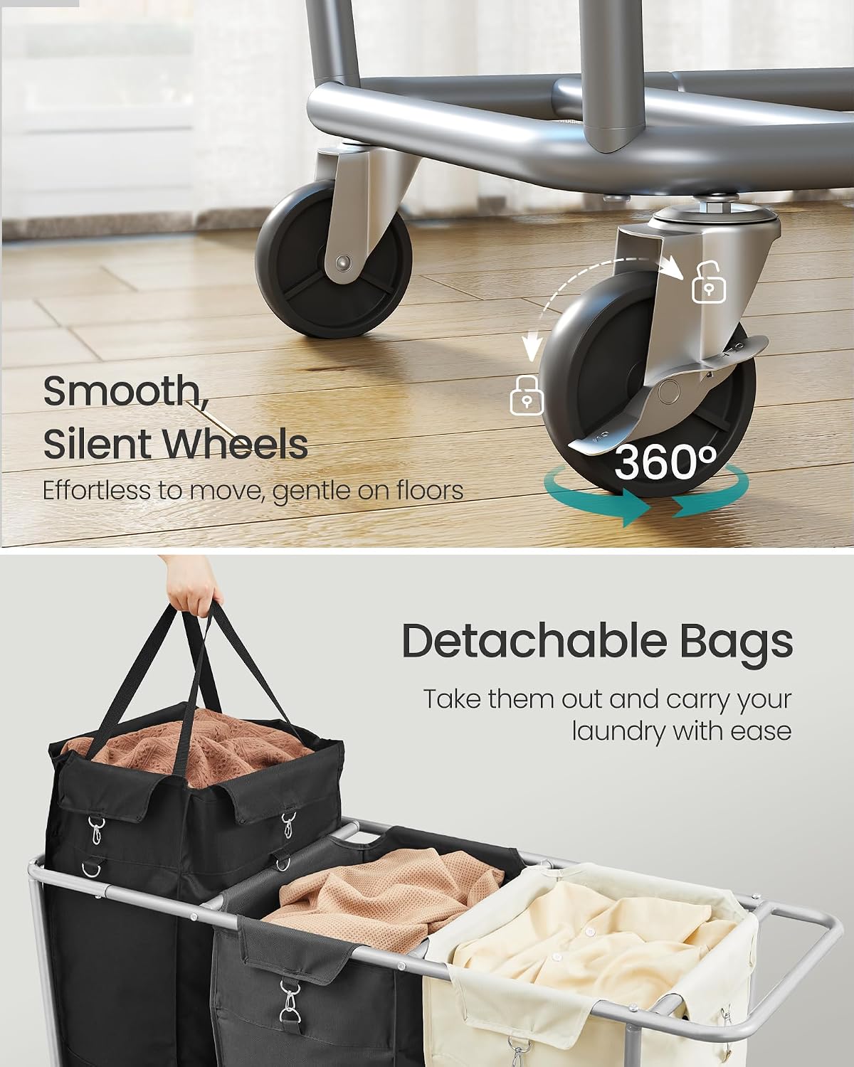 SONGMICS 3-Section Laundry Basket with Wheels, 76.6 Gallons (290 L) Hamper