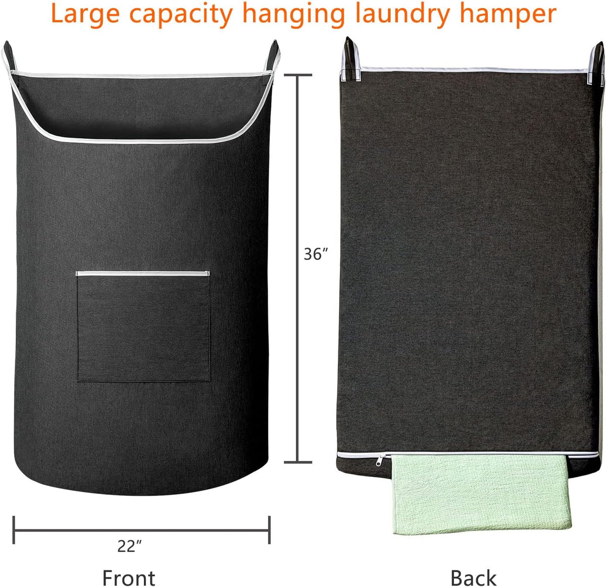 SAVERHO Black Hanging Laundry Hamper Bag, XL Door Hanging Hamper with Large Opening Laundry Hamper Storage Bag Large Size 36X22 Inch (Black)