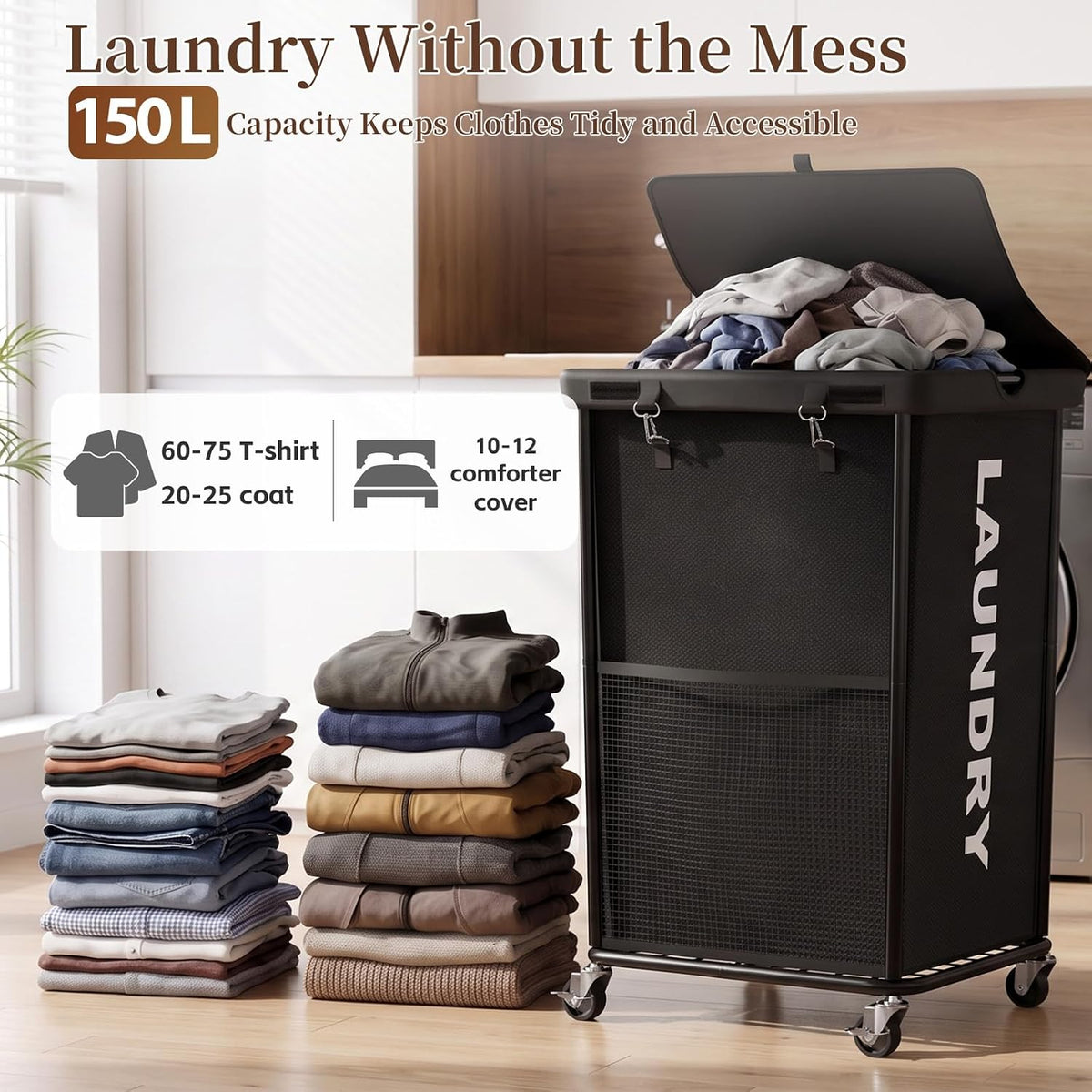 Laundry Hamper with Wheels and Lid, 150L Large Rolling Laundry Basket Black