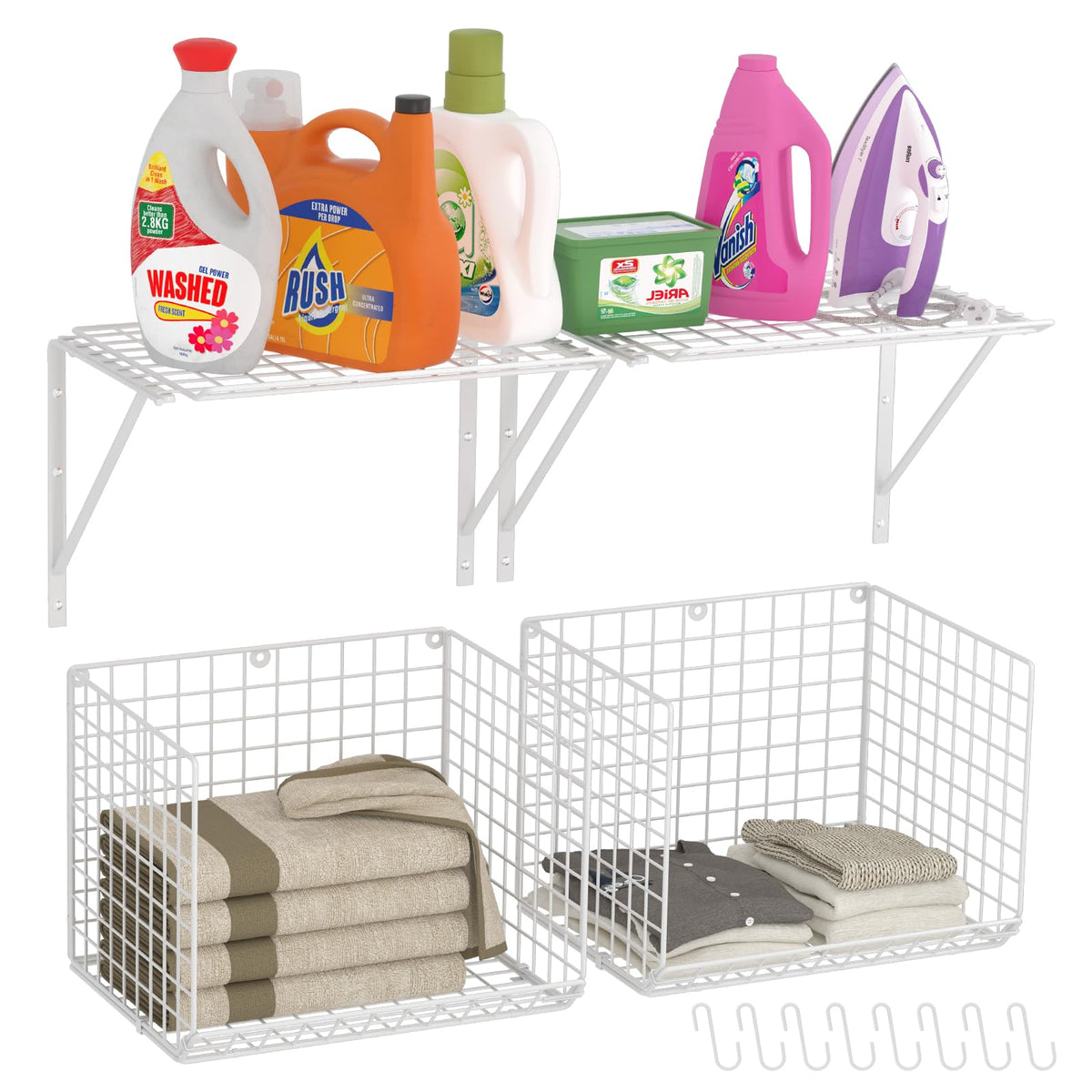 3IngSeagulls 2 Pack Laundry Room Shelves, Wire Baskets with 8 Hooks, Over Washer and Dryer Shelf, Wall Mounted Storage and Clothes Drying Rack, Black