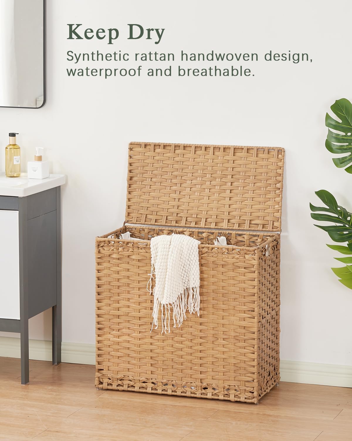 SETVSON Laundry Hamper with Lid Laundry Basket 132 L PE Rattan Natural