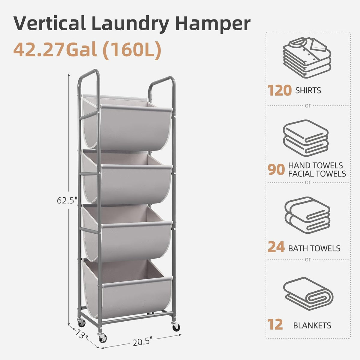 STORAGE MANIAC Vertical Rolling Laundry Hamper, 4 Section Laundry Sorter with Wheels and 2 Breaks, 4-tier Laundry Baskets for Small Space, Dorm, Laundry Room, Closet, Bathroom, Gray 4-tier