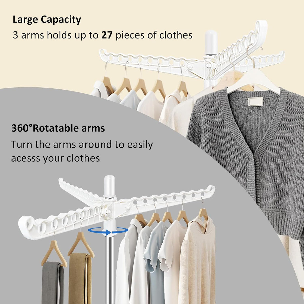 SUYU Clothes Drying Rack, Foldable Drying Rack Clothing, Laundry Drying Rack, 59-Inch Indoor Clothes Airer with 3 Rotatable Arms, Stainless Steel,4 Legs,White and Silver SNJ101