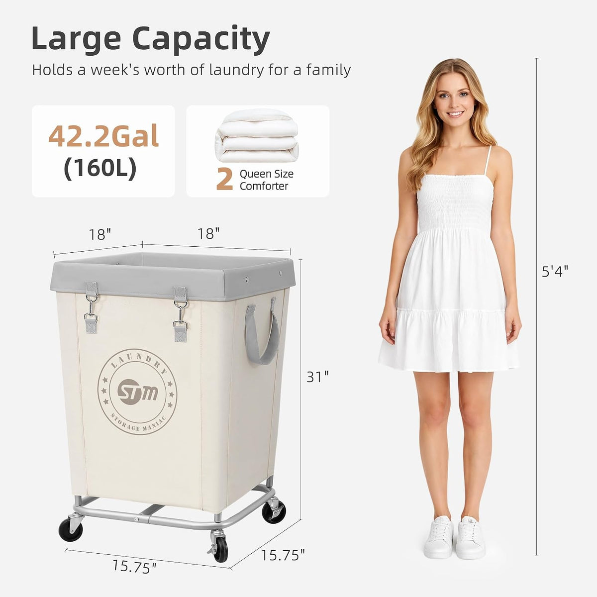 STORAGE MANIAC Commercial Laundry Hamper with Heavy Duty Steel Frame, 160 L Industrial Clothes Basket Cart with Wheels for Big Family, Home, Hotel, Laundry Room, 18''L x 18''W x 31''H, Medium Beige