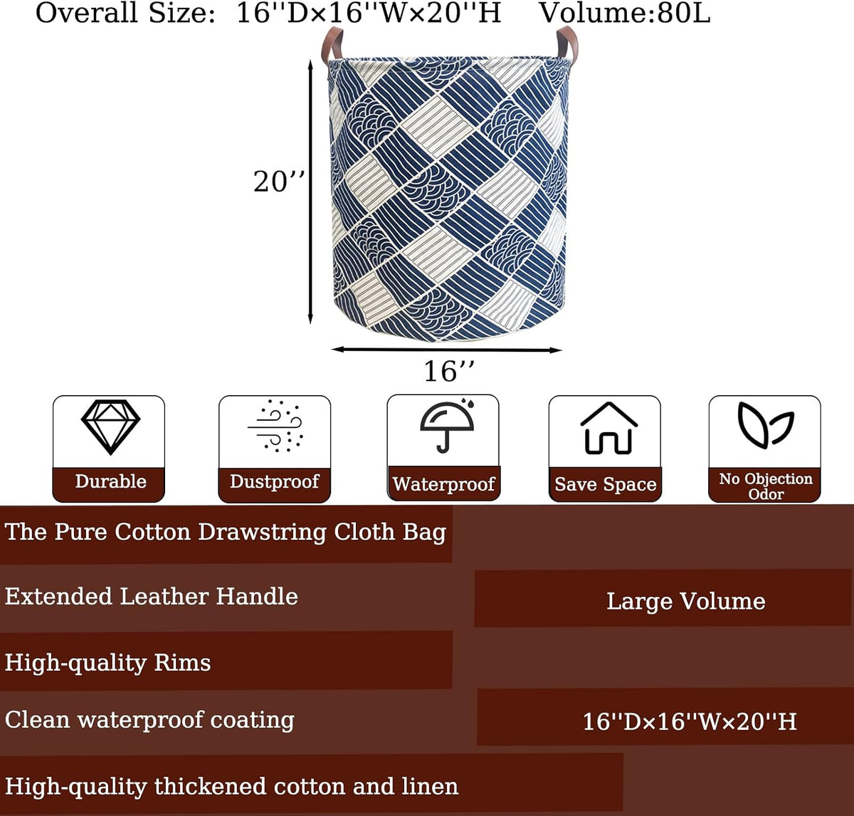 80L Waterproof Laundry Hamper in Family Leather Handle Laundry Basket in Dormitory Collapsible Laundry Bag in Nursery (91-Satisfied laundry hampers)