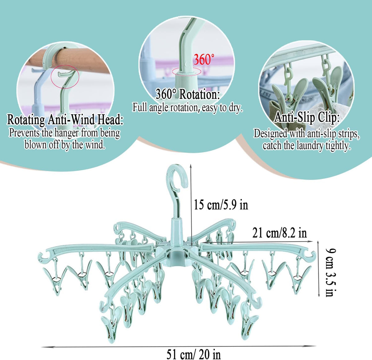 Foldable Drying Rack with 24 Clips for Drying Socks Lingerie Baby Clothes Drying Towels Rotatable Sock Drying Rack
