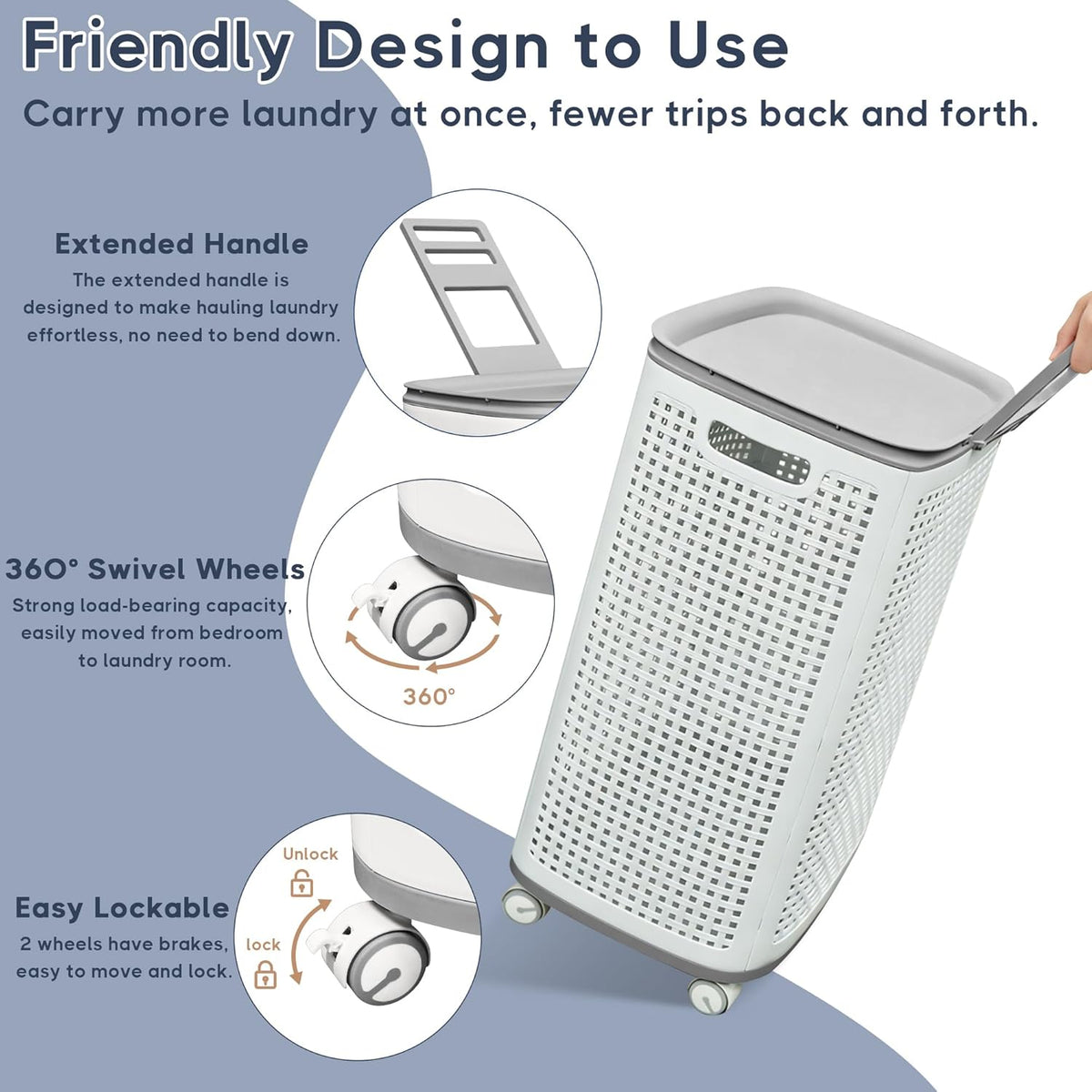 Sufdari 90L Laundry Basket with Wheels, Rolling Laundry Hamper with Lid and Handles, Plastic Rattan Clothes Organizer, Dirty Clothes Basket for Laundry Room, Bedroom, Dormitory Storage