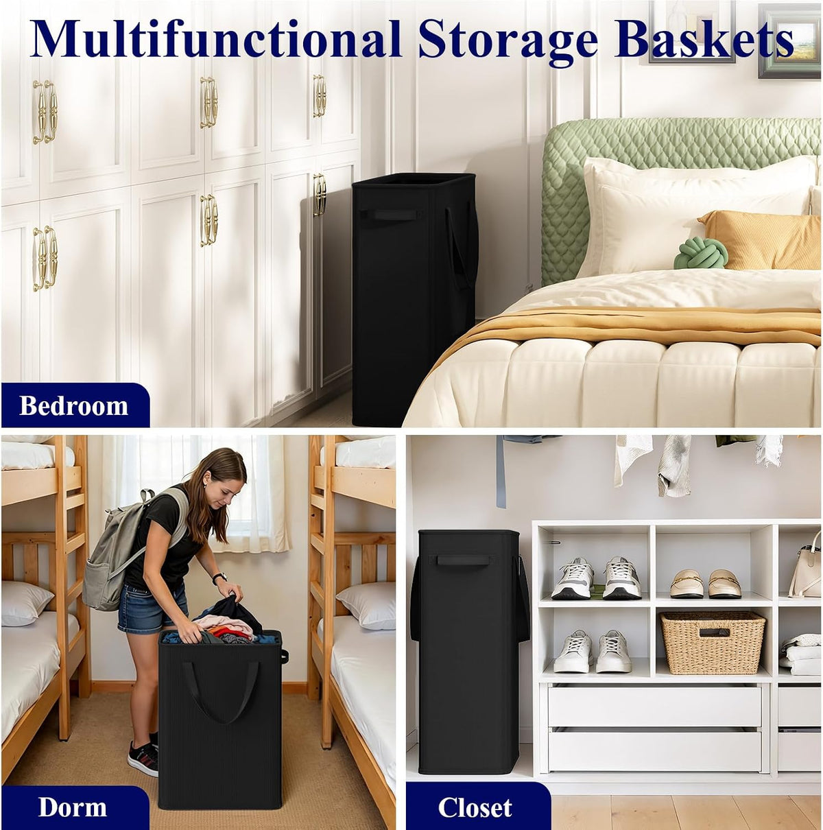 Optish 50L Slim Laundry Hamper, Small Laundry Basket With Handles, Black Narrow Laundry Basket for Dorm, Bedroom, Living Room, Collapsible Laundry Hamper
