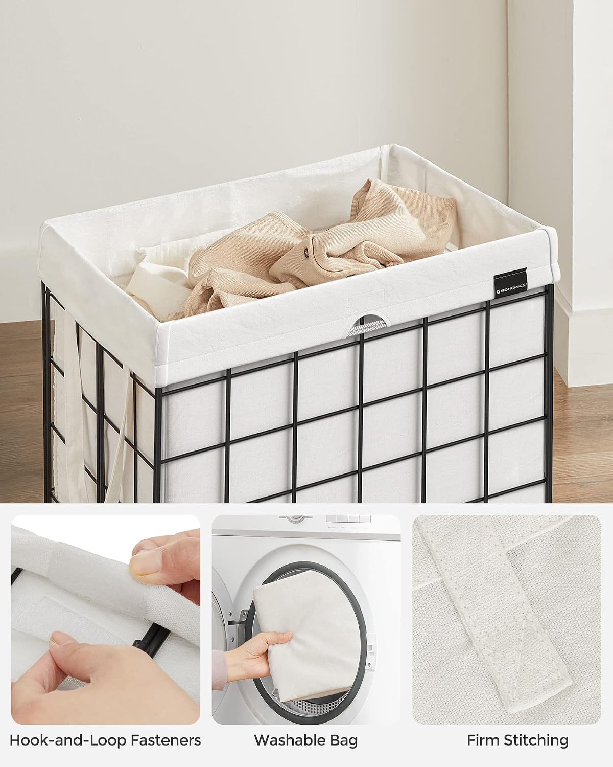 SONGMICS Laundry Hamper, 23.8 Gal. (90L) Laundry Basket, Collapsible Clothes Hamper, Black and White ULCB190W01