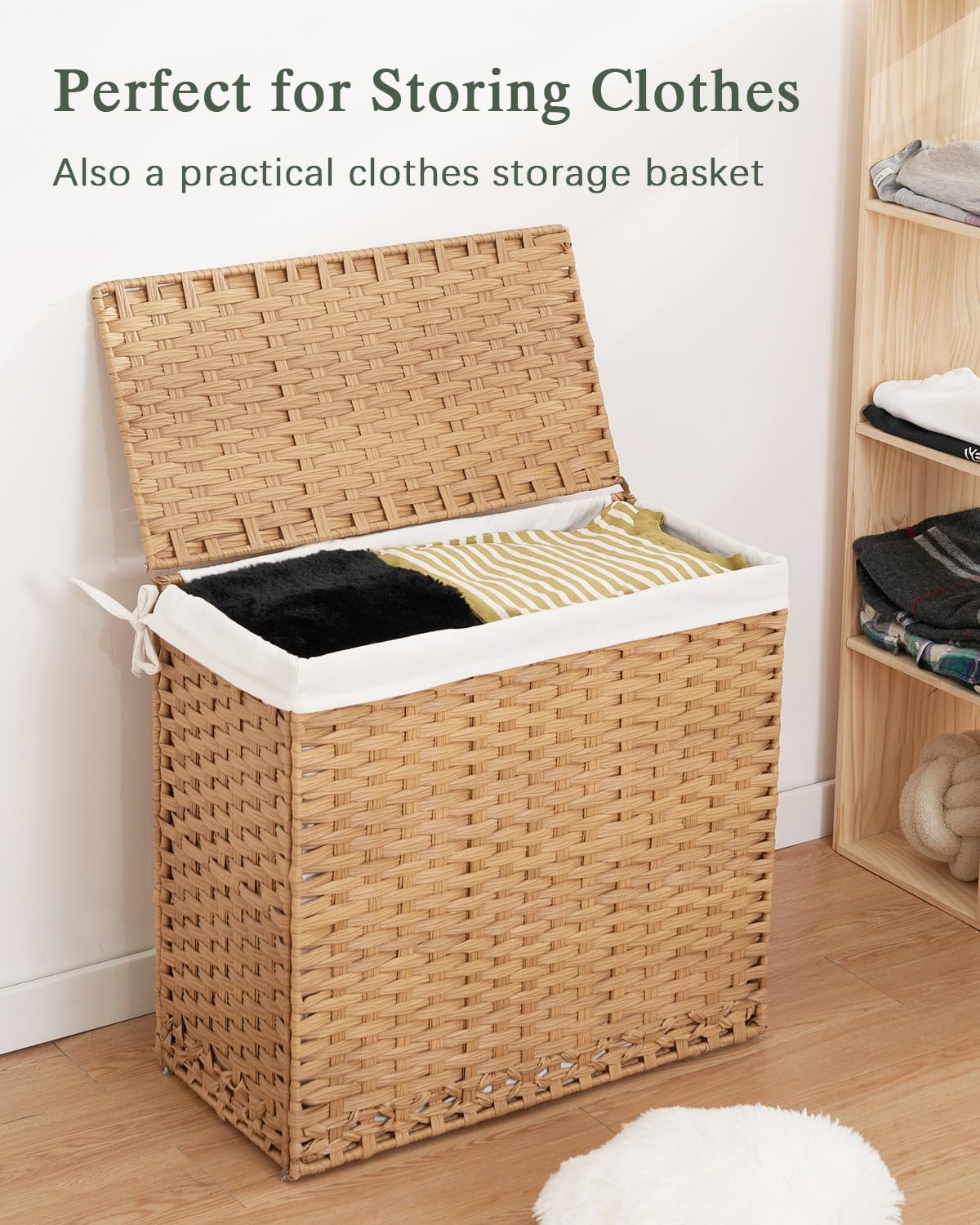SETVSON Laundry Hamper with Lid Laundry Basket 132 L PE Rattan Natural