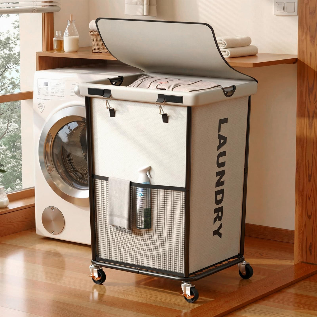 Laundry Hamper with Wheels and Lid, 150L Large Rolling Laundry Basket Black