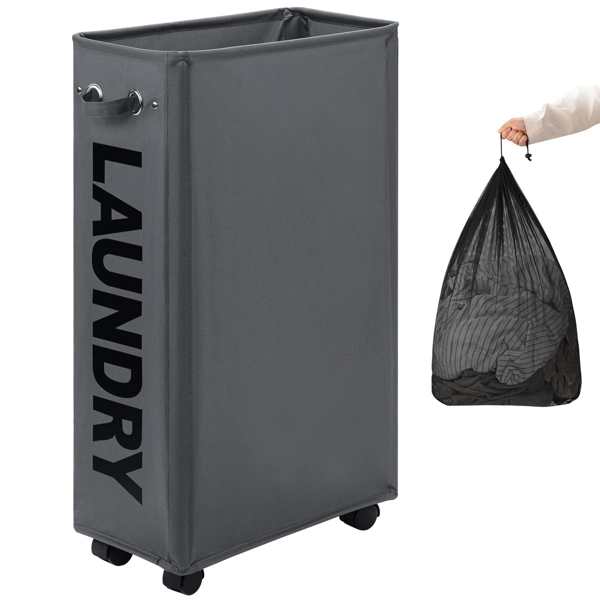 DOKEHOM 52L Slim Rolling Laundry Basket Hamper, Narrow on Wheels, Grey