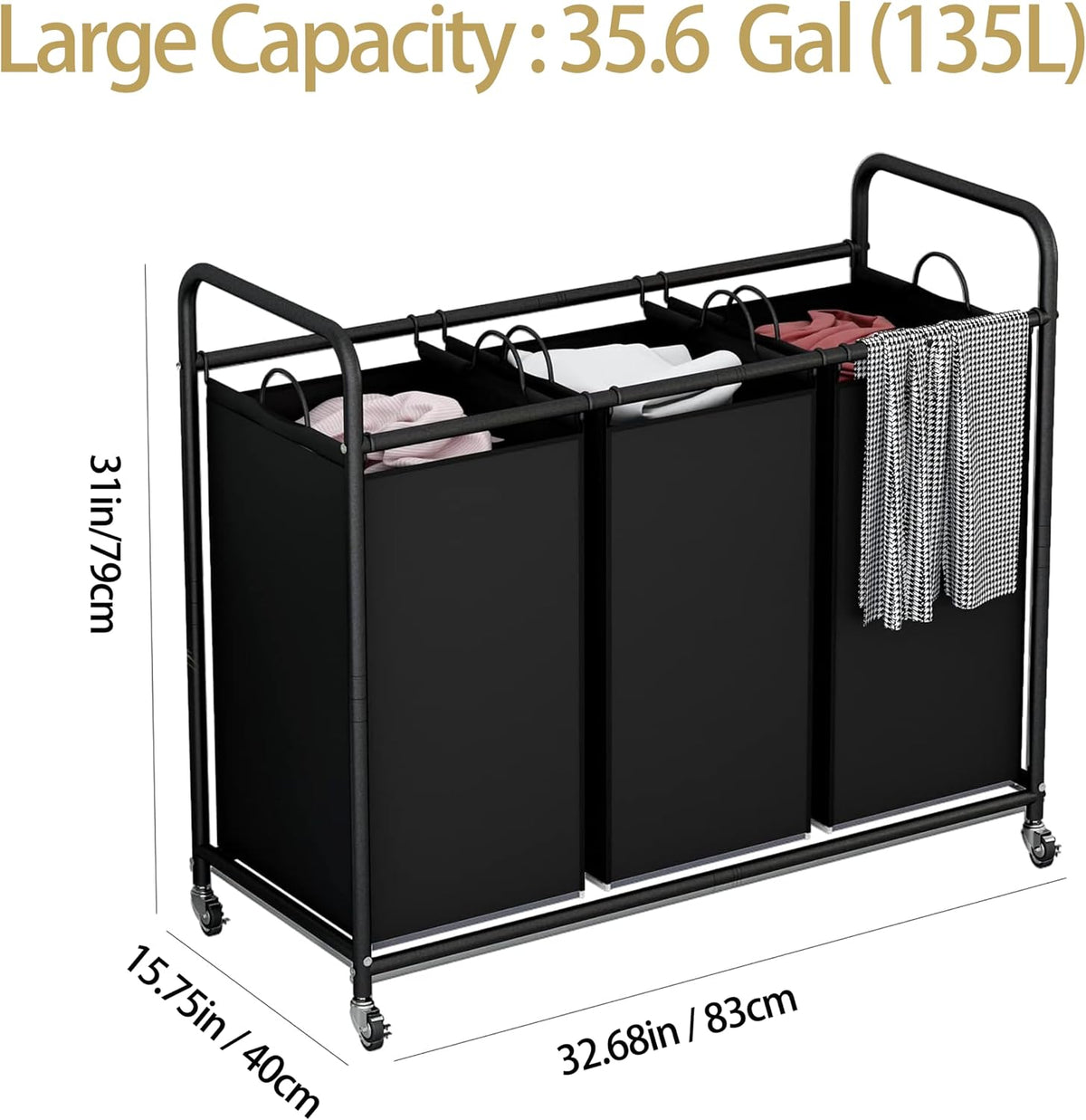 LINZINAR 3 Section Laundry Hamper, Black Laundry Basket 135L Laundry Sorter