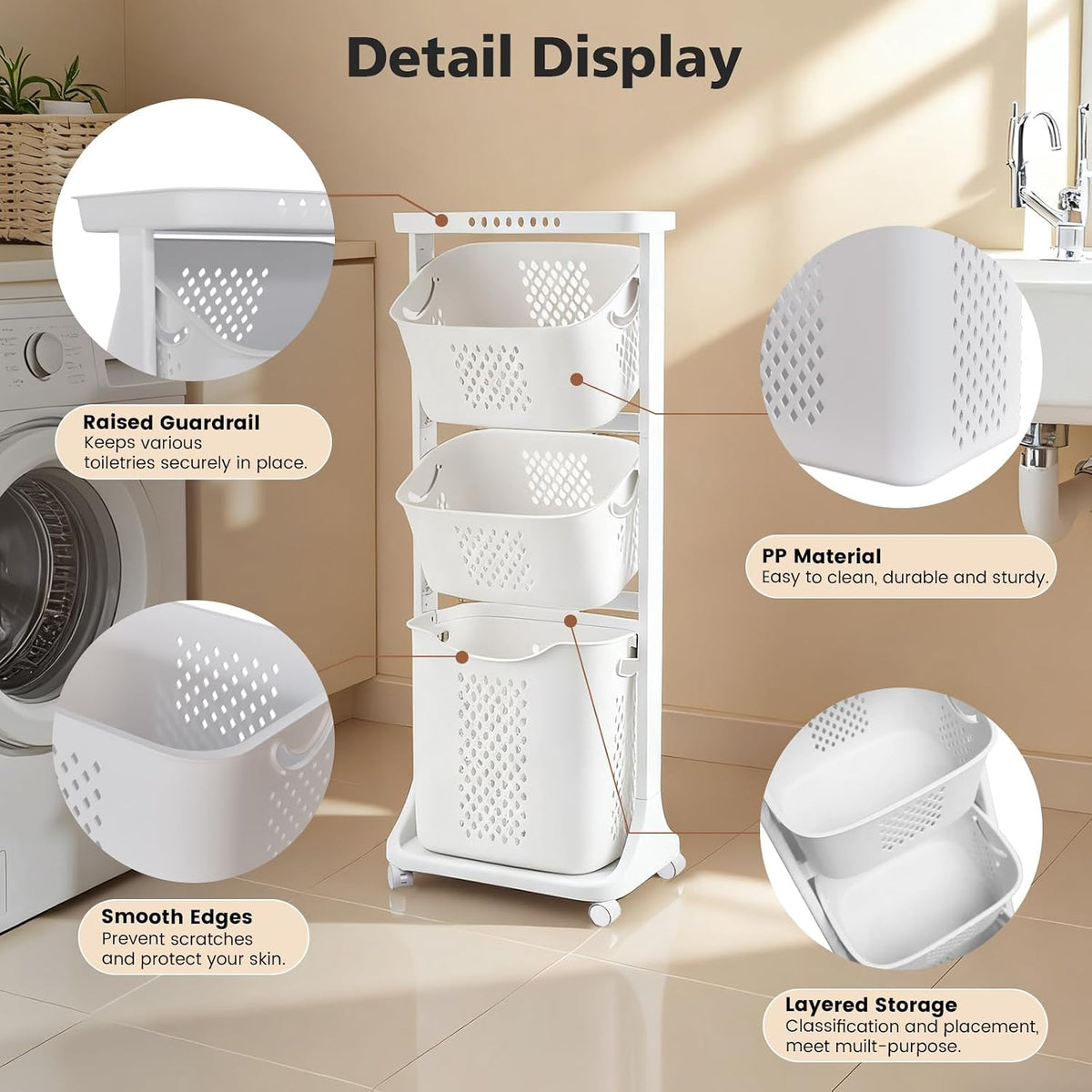 BAOKALER Rolling Laundry Hamper Cart with Wheels, 3 Tier Laundry Baskets