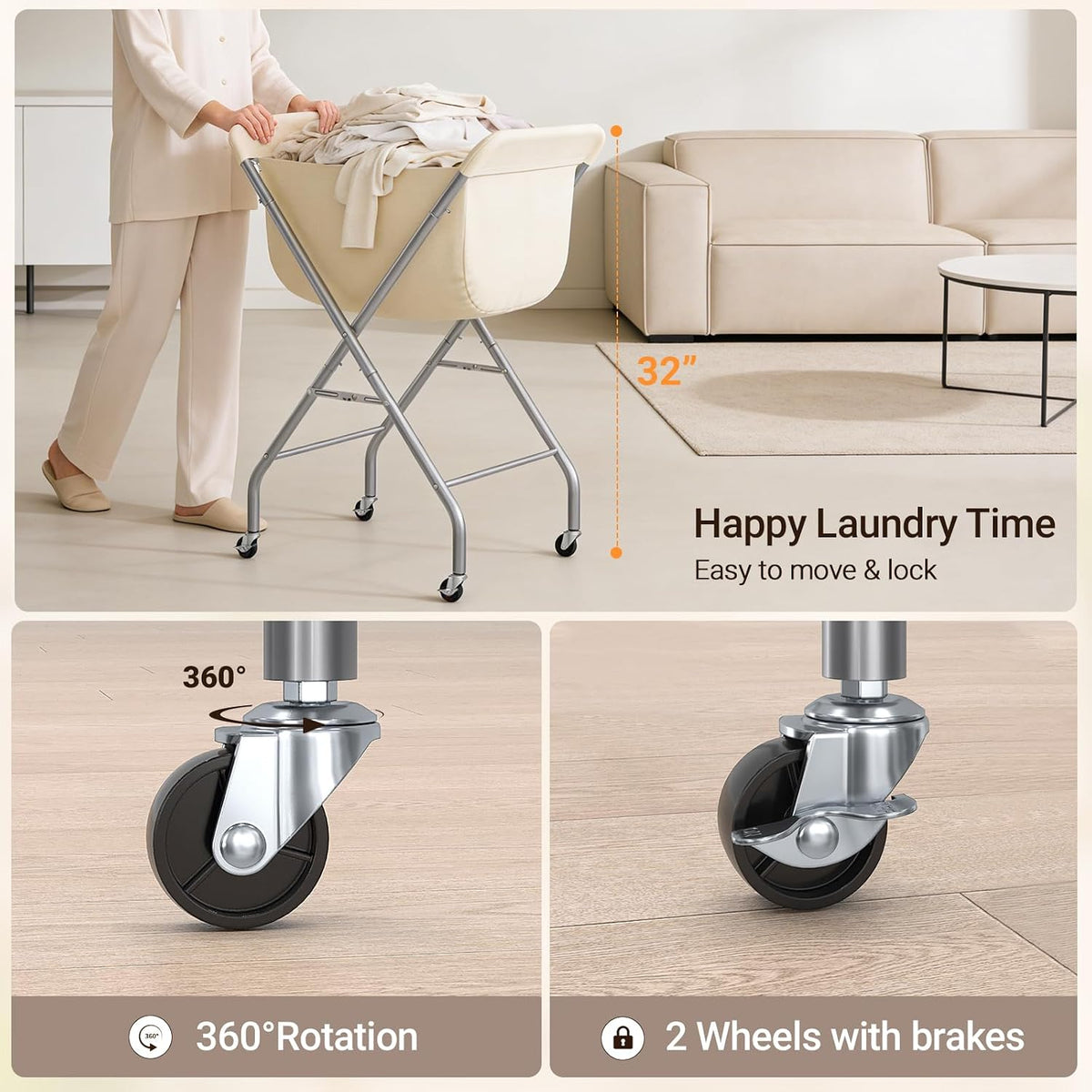 ELYKEN Laundry Basket with Wheels, Collapsible Laundry Hamper, Cream