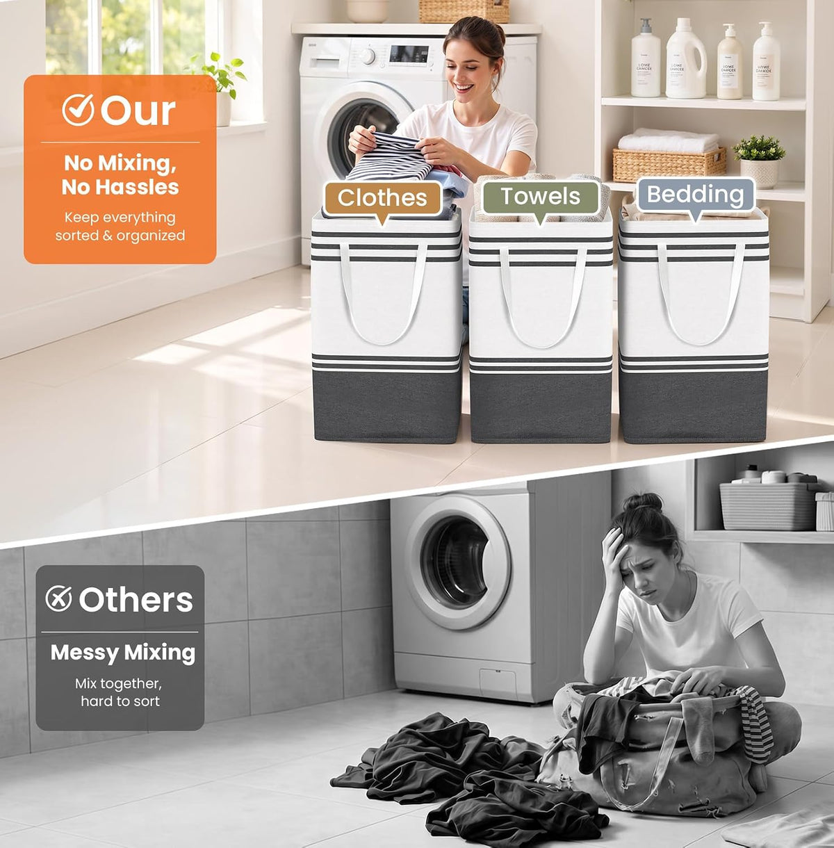 TranquilRelax 3-Pack Laundry Basket, Laundry Hamper, Grey-75L