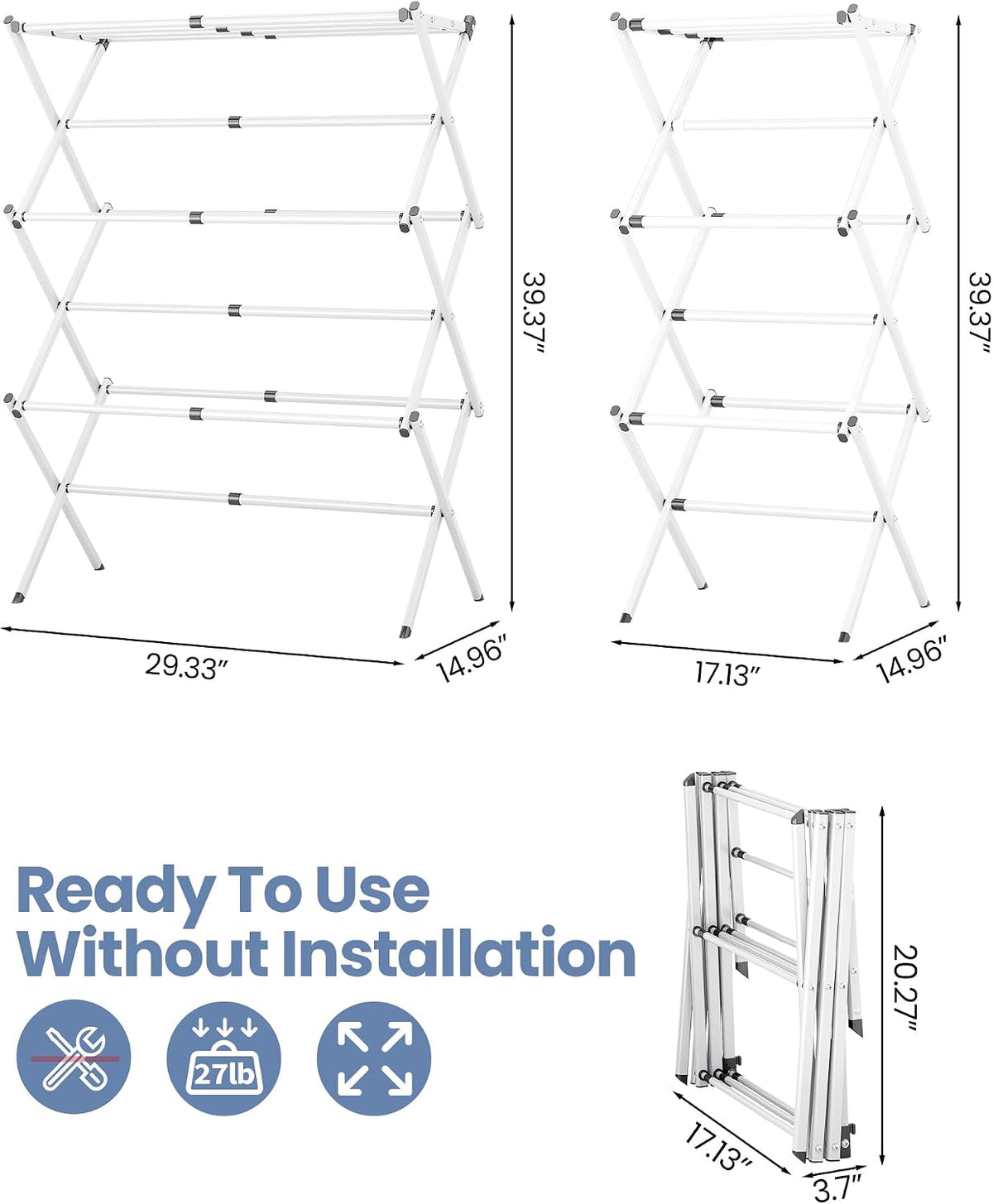 APEXCHASER Oversize 3-Tier Clothes Drying Rack, No Install, White