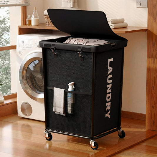 Laundry Hamper with Wheels and Lid, 150L Large Rolling Laundry Basket Black